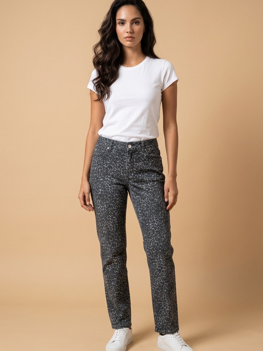 Straight Leg Women’s Jeans in Charcoal Leopard Print